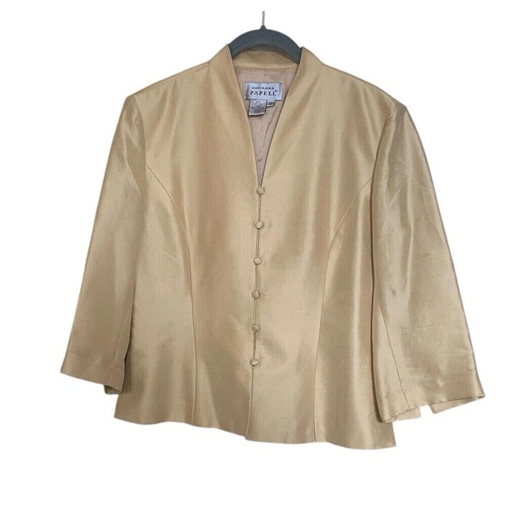 Adrianna Papell Blazer Jacket Womens Size 10 Yellow 100% Silk Button 3/4 Sleeve